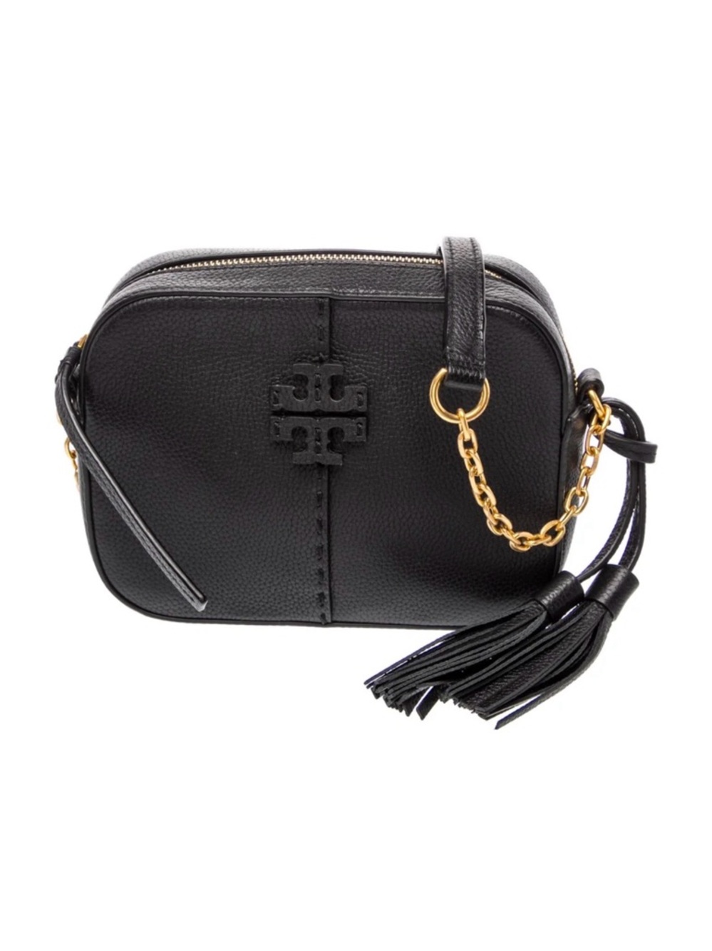 Tory Burch Black Leather Tassel Crossbody with Gold Chain